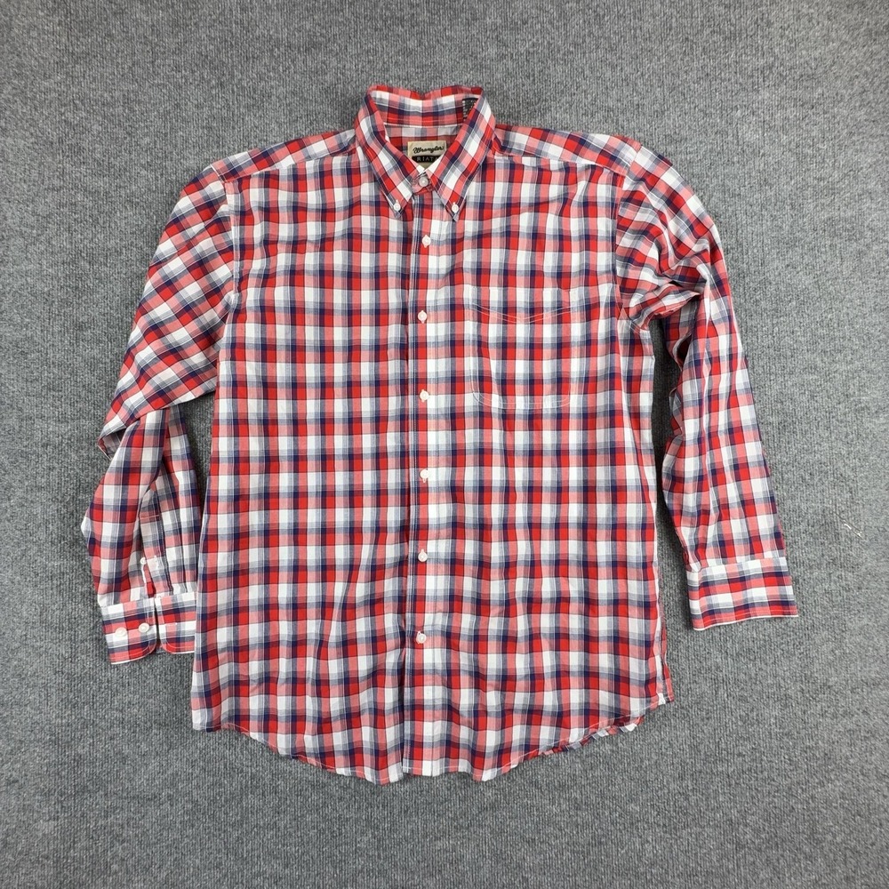 Wrangler Riata Shirt Mens XL Red Blue Plaid Long Sleeve Button Down Casual